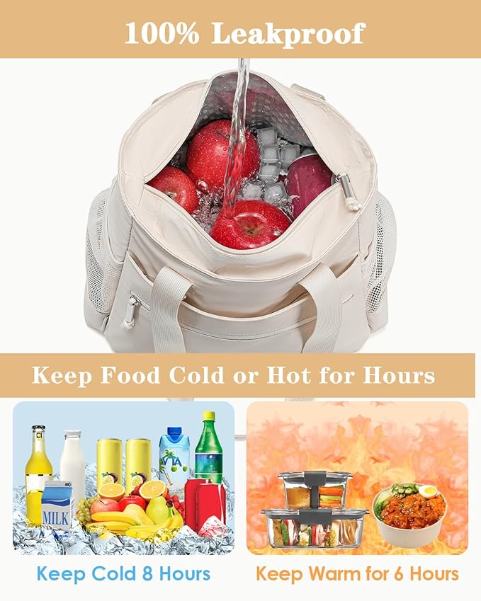 GLENKEY Insulated Lunch Box Lunch Bag Tote - Large Leakproof Cooler Bags for Women - Soft Lunchbox for Adults Work Shift Picnic Travel Cream 10L