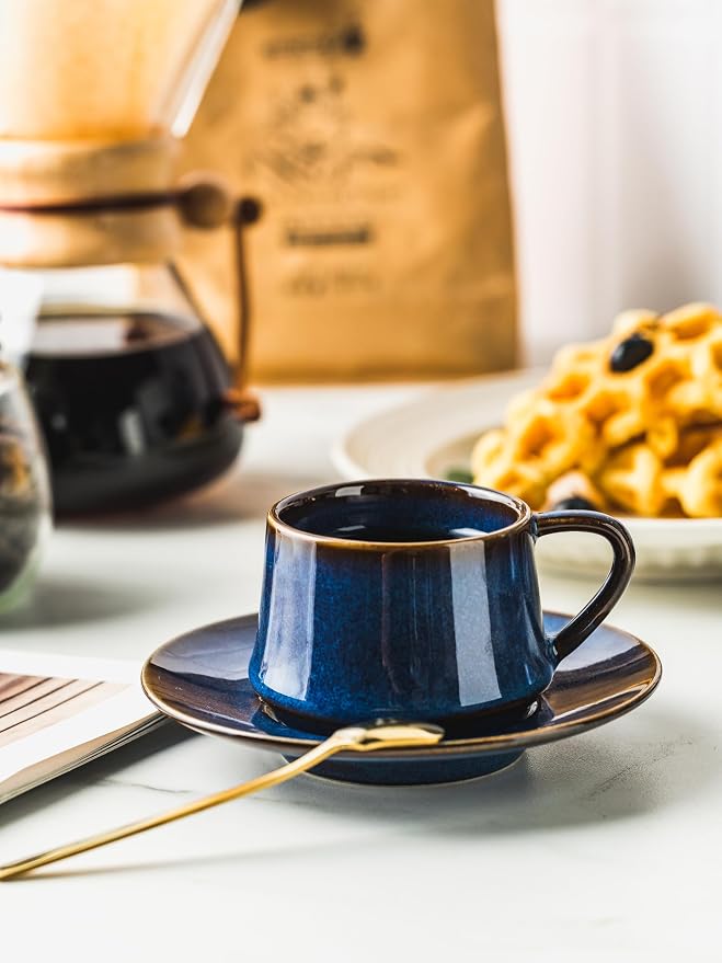 YHOSSEUN Espresso Cups Set of 6, 4 OZ Expresso Shots Cup with Sacuers, Spoons, and Metal Stand, Ceramic Coffee Espresso Cups for Father's Day, Espresso Accessories for Machine, Blue