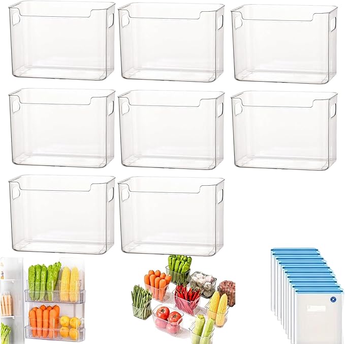 Crystal Clear Freezer Storage Bins, 4 Pack Clear Plastic Storage Bins for Pantry Organizers and Storage, Kitchen Stackable Containers with Handle for Refrigerator, Fridge, Cabinet (8Pcs Large)