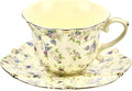 TATSUMI Country Roses Bone China Tea Cup and Saucer Set, 3 Pieces, Vintage Style, For Women and Tea Parties(yellow,1 Set)