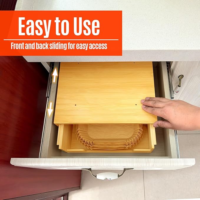 Libreshine Bamboo Kitchen Organizer - 6/8/9 Inch Air Fryer Liner Dispenser, 8/9/10 Inch Paper Plate Holder Under Cabinet, Vertical Storage Rack for Countertop & Shelf
