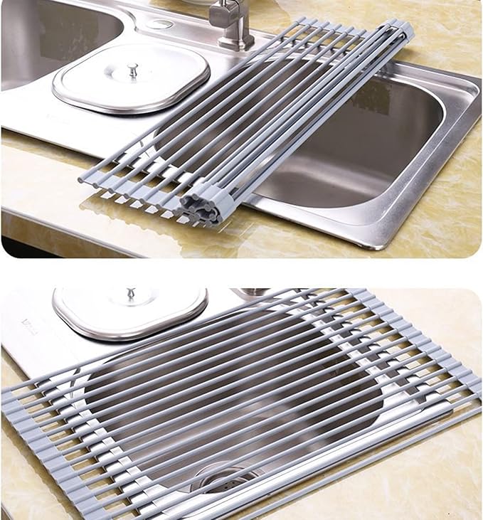 Over Sink Roll Up Dish Drying Rack - Silicone Coated Stainless Steel Kitchen Strainer(52 * 33.5cm)