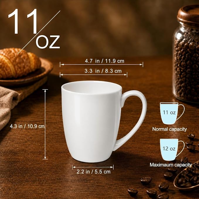 Plain White Fine Bone China Blank Coffee Mugs Set of 6, 11 Oz Tea Cups with Large Handle, Lightweight Ceramic Coffee Mugs, Aesthetic Coffee Cups