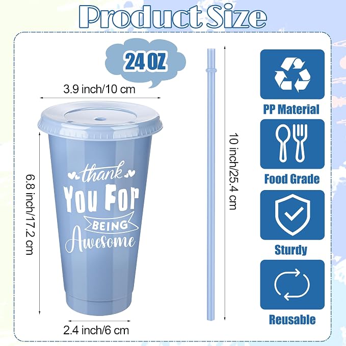 Kochorie 48 Pieces Thank You Cups 24 Oz Inspirational Plastic Tumbler Cup with Lids and Straws Reusable Appreciation Gift Bulk Thank You Gifts for Staff Coworker Teacher Employee, Neutral
