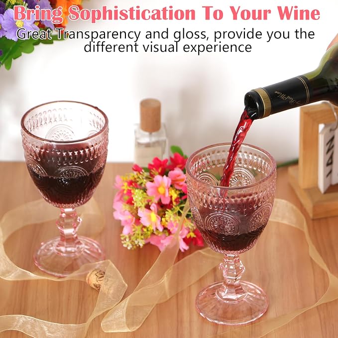 Pack of 12 Glass Goblets Wine Glassware, 10 oz, Pink | Wine Glasses, Not Dishwasher Safe,Wedding Glass Set, Embossed Drinking Glasses Cups for Thanksgiving Wedding Party Bar