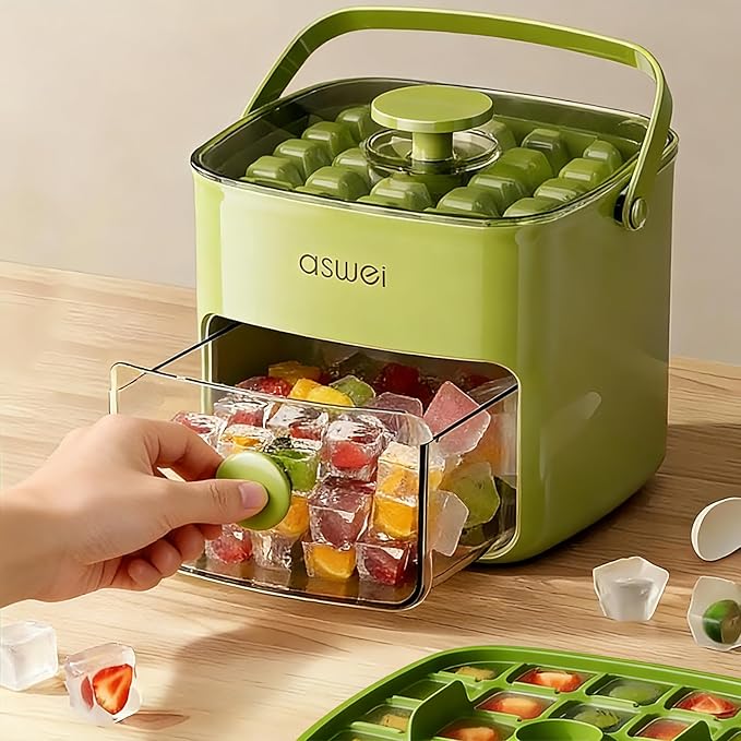 Compact Ice Cube Tray with Lid and Bin, Mini Press-Type Ice Cube Maker for Freezer, Space-Saving Small Ice Bucket with Tongs for RV, Office, Mini Ice Cube Trays & Water Bottles, BPA-Free (Green)