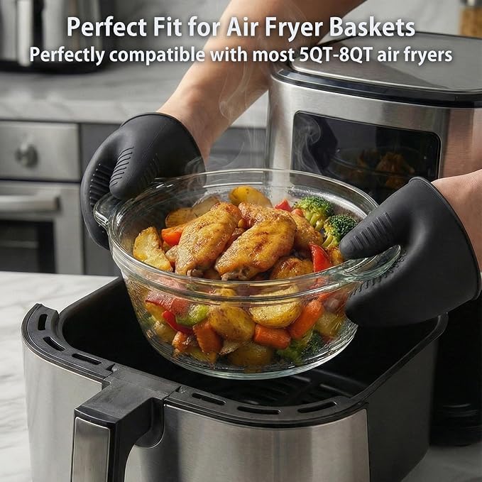 Glass Air Fryer Liners Set for 5-8 QT, Reusable Non-Toxic Glass Airfryer Basket Insert with Silicone Mitts & Trivet Mat, Oven & Dishwasher Safe Air Fryer Accessories