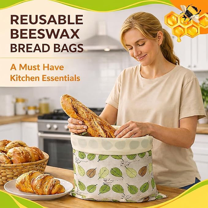 2 Pack Reusable Beeswax Bread Bags for Freezer & Refrigerator, Beeswax-Lined Cotton Bread Storage Bags with Buckle Closure, Airtight Freshness Keeper for Sourdough, Bagels & Homemade Bread