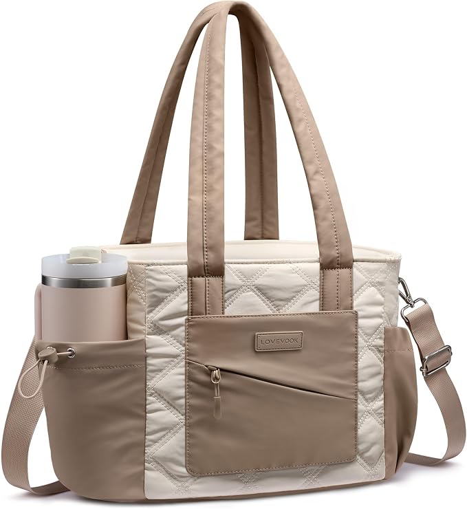 LOVEVOOK Lunch Box for Women, Quilted Insulated Lunch Bag Tote with 40oz Water Bottle Holder, Large Leakproof Cooler Bag for Women with Shoulder Strap, Work Office Nurse Teacher Picnic Travel