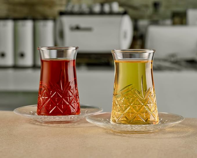 Pasabahce Crystal Turkish Tea Glasses and Saucers, Set of 12 Turkish Tea Cup Set, 6 Cups and 6 Plates Perfect for Tea Party, Gifts, Housewarming, Weddings, Aniversary
