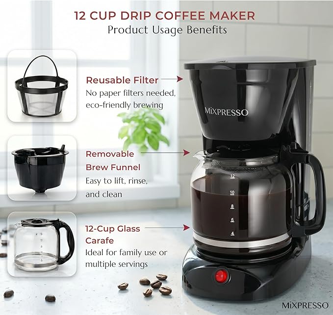 Mixpresso 12 Cup Coffee Pot, Auto-Off & Reusable Filter, Large Drip Coffee Maker, Borosilicate Glass Carafe, Anti-Drip, Water Window, Easy On/Off Switch, Black Coffee Machine