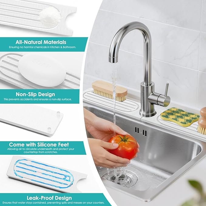 4Pcs Stone Faucet Mat for Kitchen Sink, Diatomite Quick Dry Water Absorbing Stone Tray & Sink Protector Splash Guard for Bathroom Counter, White, 23.46" x 3.86"