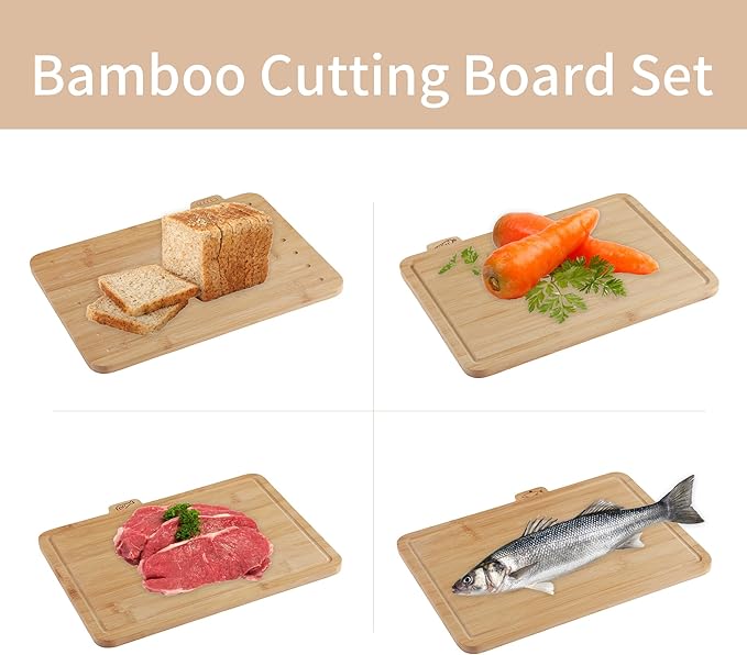 Fiery Chef 14.56"L x 11"W Bamboo Cutting Board Set of 4 - Wood Cutting Board Set with Holder, Chopping Boards Set with Food Icons, Juice Groove - Ideal for Meat, Fish, Bread, Vegetable, Fruit Chopping