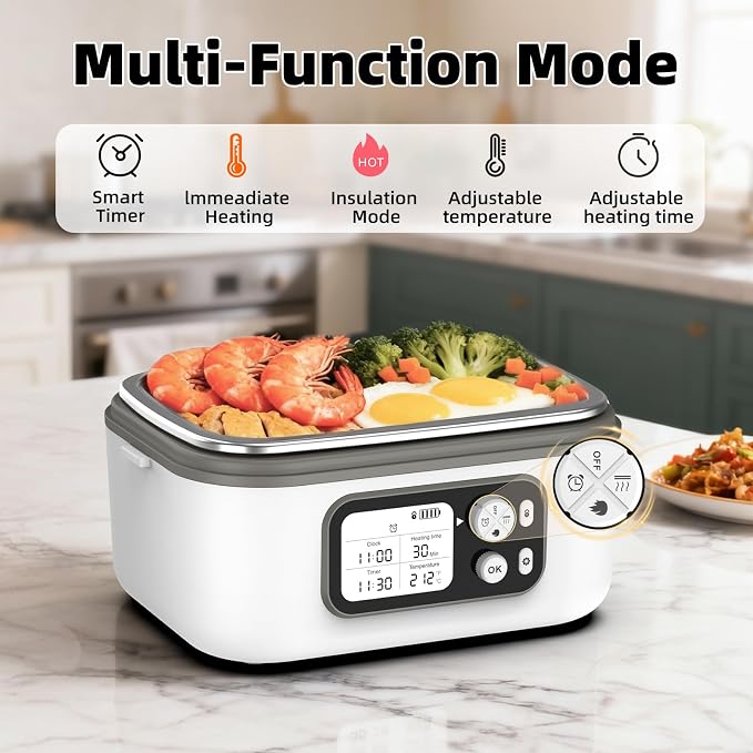 Cordless Electric Heated Lunch Box for Adults, XL 6.3-Cups Rechargeable Battery Powered Smart Self Heating Lunchbox for Men Women, 100W Food Warmer for Trucks Driver Travel Office Worker