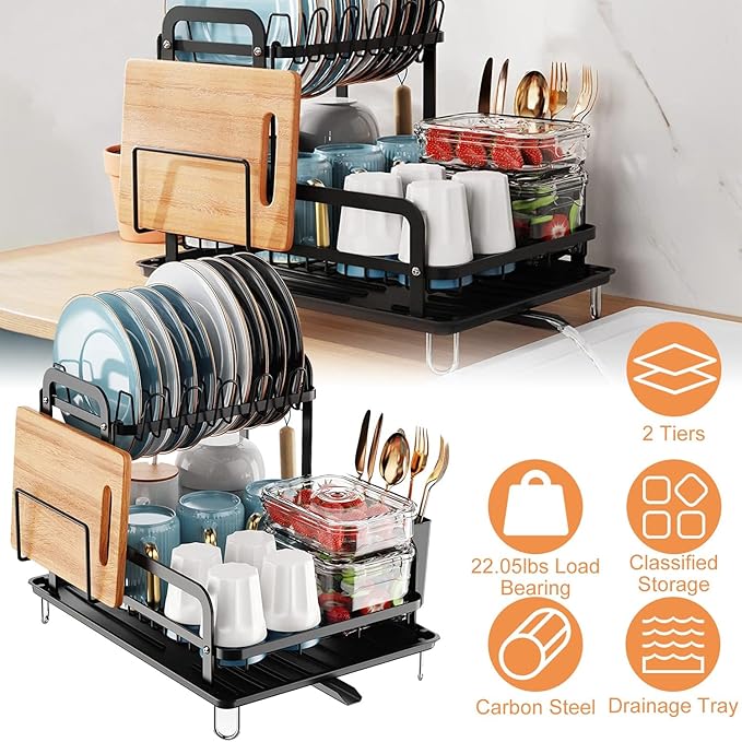 2-Tier Dish Drying Rack for Kitchen with Drainboard Detachable Kitchen Drainer Organizer Set, Metal Sink Organization and Storage Essentials with Utensil Holder Bowl Dish Rack