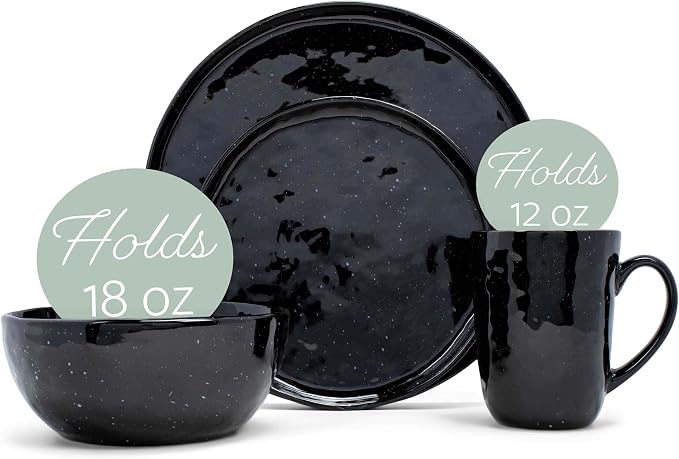 Elanze Designs Shiny Speckled Western Country Style Ceramic Plates Bowls Mugs Dinnerware 16 Piece Set - Service for 4, Black