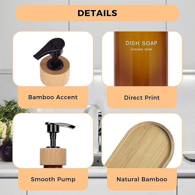 Dish and Hand Soap Dispenser Set with Tray, 16OZ Refillable Glass Bottles and Wood Pump, Double Bottle Countertop Organizer for Kitchen and Bathroom (Amber)