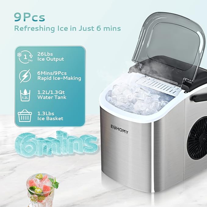 EUHOMY Countertop Ice Maker Machine with Handle, 26lbs in 24Hrs, 9 Ice Cubes & Perfect Stix Icebag10TT-50 Ice Bag with Twist Tie Enclosure, 10 lbs (50/Pk), Clear