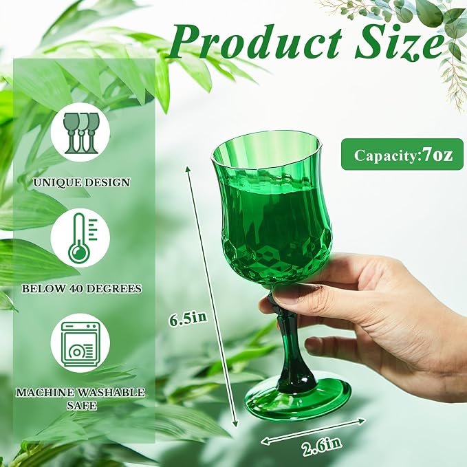 Pinkunn 24 Pcs 7 oz Plastic Vintage Wine Glasses Reusable Colored Goblets Patterned Drinking Water Glasses Cup Dishwasher Safe for Mother's Day Wedding Reception Party Supplies (Green)