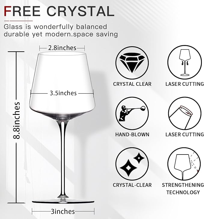 Physkoa White Red Wine Glasses Set of 6 – 18oz Clear【Hand Blown】 Crystal Wine Glass – Tall Long Stem Modern Wine Glasses – Square Wine Glass with flat bottom