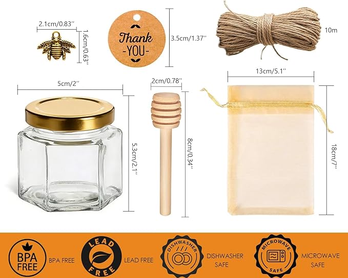 Adabocute Honey Pot, Mini Glass Honey Jars with Wood Dipper, Gold Lid, Bee Charms, Gold Organza Bags, Thank-you Tags, Ideal for Baby Showers Wedding Favors Party Favors, 2oz 15 Pack