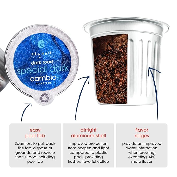 Cambio Roasters Special Dark Roast Organic Coffee Pods - The Only Organic Recyclable Aluminum Coffee Pods, Small Batch Roasted, Keurig® Compatible, Lower Acid, Bold Flavor, Lasting Freshness, 10 Count