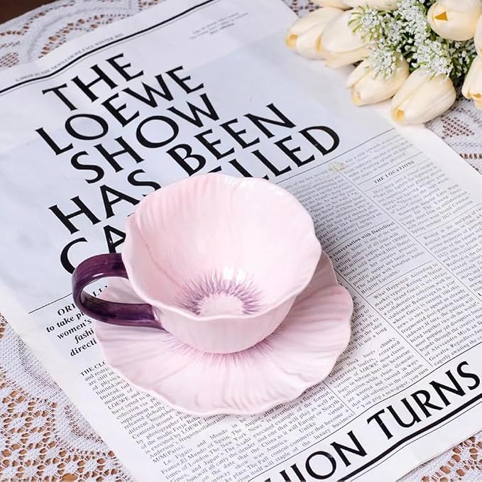 ONEUSTAR Tea Cups and Saucers 10 oz Ceramic Flower Shaped Tea Cup and Saucer Set Cappuccino Cup Latte Cup for Mother's Day Thanksgiving Wedding Gift, Purple