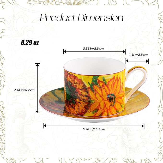 KAMMAK Tea Cups and Saucers Set of 2, Porcelain Coffee Cups, Stackable Espresso Mugs, Ceramic Demitasse for Coffee, Cappuccino, Latte, Americano, Tea, Large - Sunflower Oil Painting