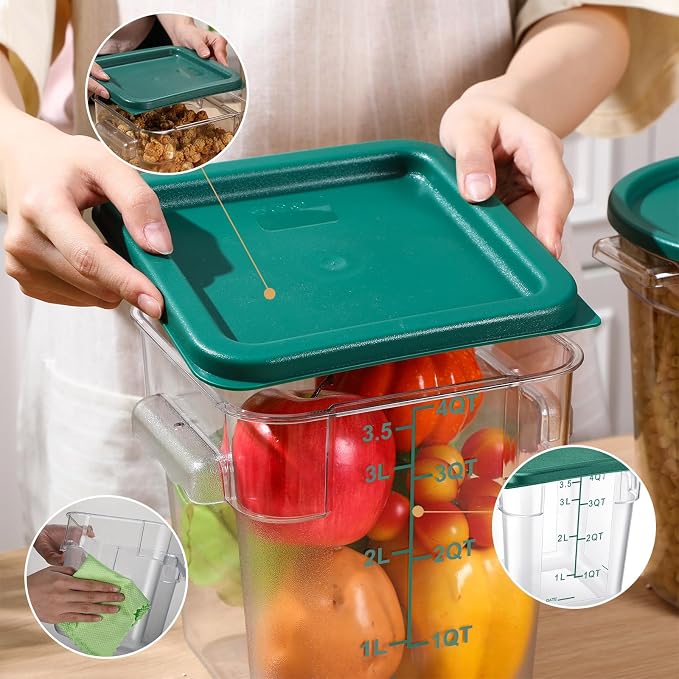 Blushtier 4 Pcs Food Storage Container with Lids Set 4 Qt Square and Round Clear PC Commercial Containers with Scale Handle for Home Restaurant Kitchen Food Storage, Dough Rise, Flour(Green)