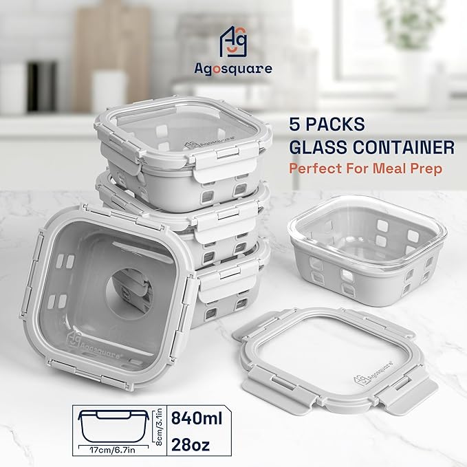 Glass Food Storage Containers with Glass Lids – 28oz Meal Prep Containers, Lunch Box with Silicone Sleeve – Stackable Containers for Lunch & Leftovers