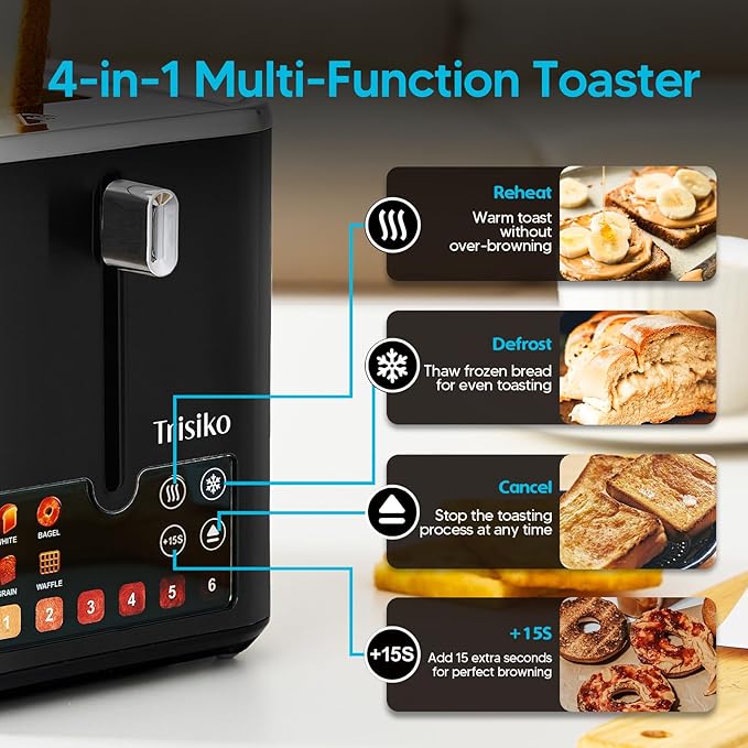 Trisiko® Touch Screen Toaster 2 Slice, Stainless Steel Smart Toaster with Digital Timer, 1.38" Extra-Wide Slots for Bread& Bagel, Great for Home, Office,Dorm (Black)