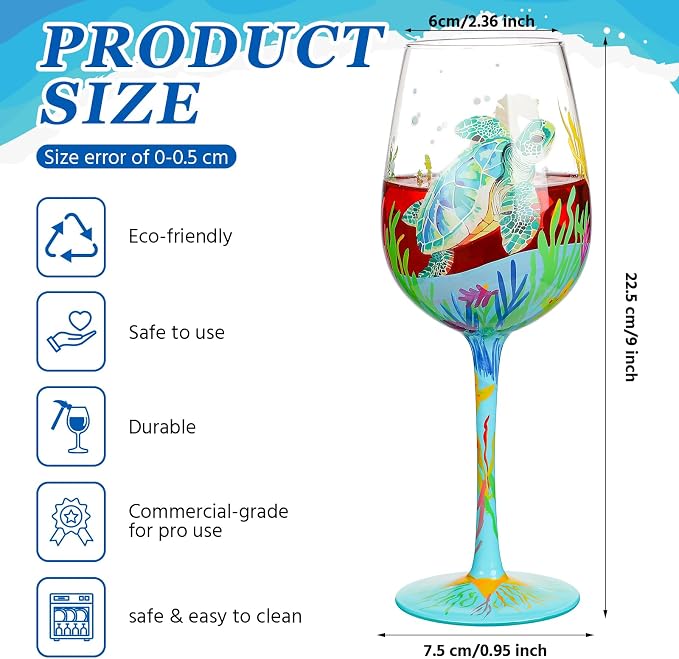 SiliFine 4 Pcs Ocean Hand Painted Wine Glasses Sea Animal Turtles Stemmed Wine Glasses Seahorses Seaweed Fish Decorative Drinking Cups Summer Ocean Beach Gifts for Women Men Birthday Party