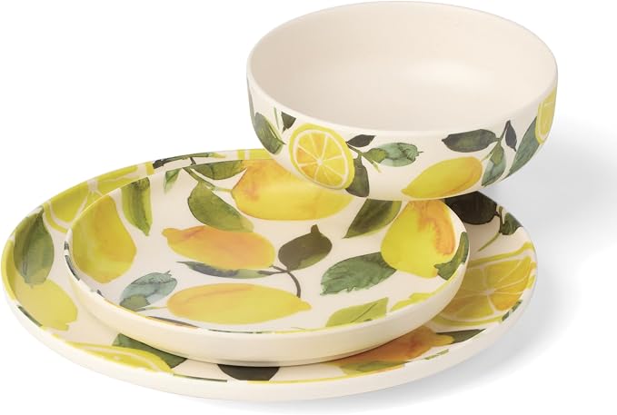 Oneida 24 Seven Melamine Collection, Dishwasher Safe Melamine Dinnerware and Drinkware, Lemon Pattern, Dinnerware Set, 12-Piece