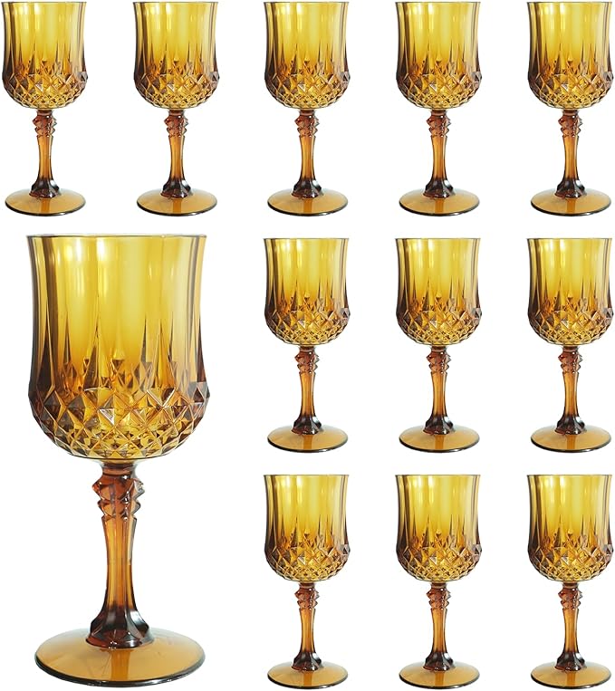 Plastic Wine Glasses, Plastic Goblets Vintage Style Cordial Unbreakable Drinking Glasses,Reusable Drinkware for Wedding Reception, Grand Event Party Supplies (12, Amber)