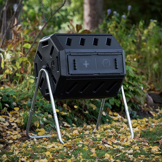FCMP Outdoor Heavy Duty 37 Gallon 8 Sided Steel Portable Plastic Dual Chamber Tumbling Composter Outdoor Elevated Rotating Garden Compost Bin, Black | 8 Sided Portable Plastic Outdoor Elevated Rotating Garden Compost Bin, Black