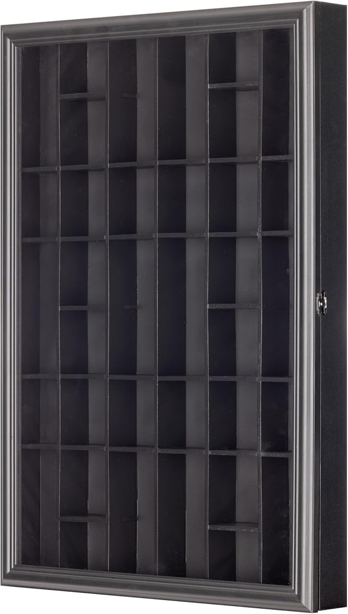 Gallery Solutions - Black Wall-Mounted - Curio & Shot Glass Display Case - 17"x26" Glass Door - Bar Accessories - Collectible - Miniature Glassware - Bar Accessories
