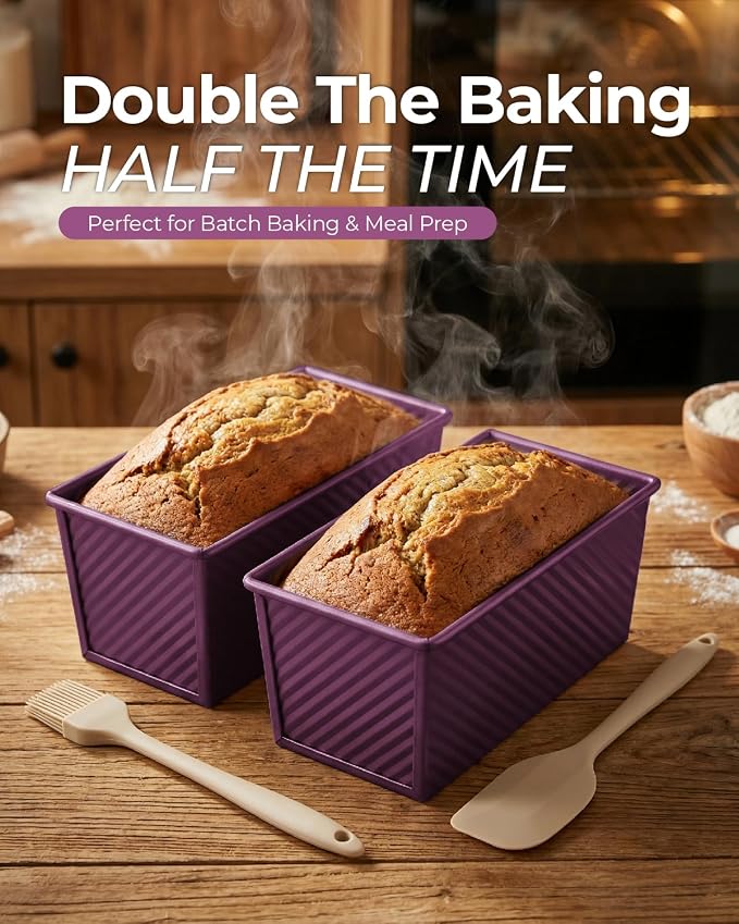 CARTMAN Bread Loaf Pan 2 Pack, 8x4 Pullman Loaf Pan with lid and a Silicone Spatula and Basting Pastry Brush, 1 lb Dough Capacity,Non-Stick Carbon Steel bread pans for homemade bread Plum Purple