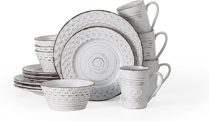 Lorren Home Trends 16 Piece Distressed Weave Dinnerware Set-White
