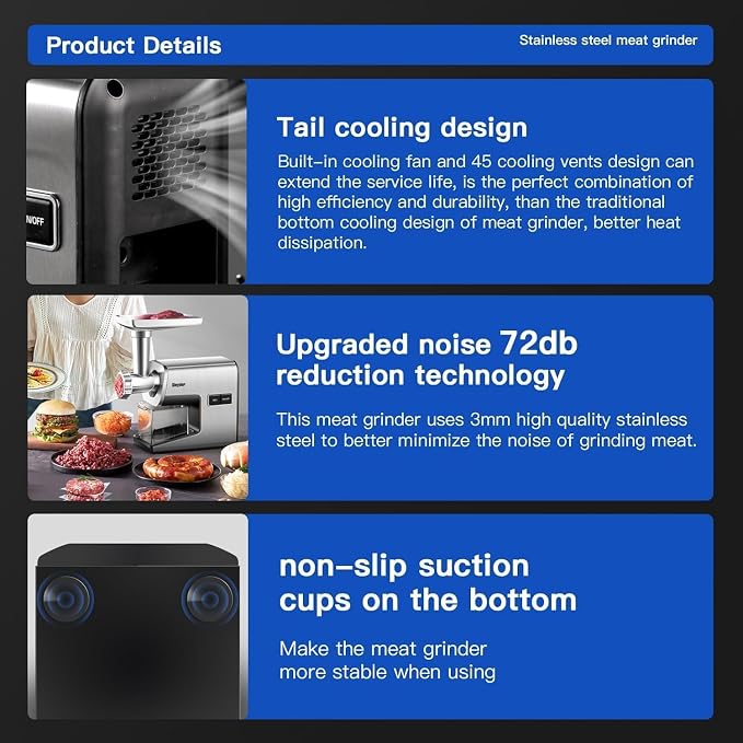 Electric Meat Grinder,3000 Max 304 Stainless Steel Meat Mincer Accessories with 2 Blades,3 Grinding Plates,3 Sausage Stuffer Tubes & Kubbe Kit for Home & Kitchen Use