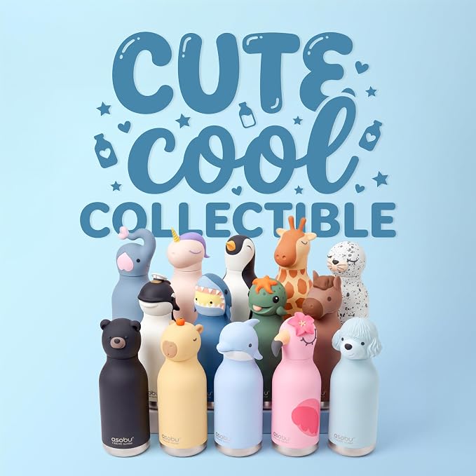 asobu Bestie Bottle Limited Edition Collectible Kids Water Bottle with Animal Character Lid 16oz (460ml) Insulated Stainless Steel, Leakproof, Reusable with Straw Fun Gift for Girls & Boys