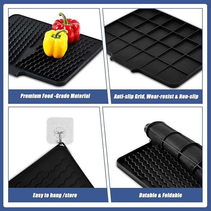 Silicone Dish Drying Mat for Kitchen Counter, Heat-resistant Dish Dryer Mat with Built-in Drain Lip ,Drain Pad Protects Surfaces Prevents Water Build UP (23.6" x 15.7", Black -1pcs)