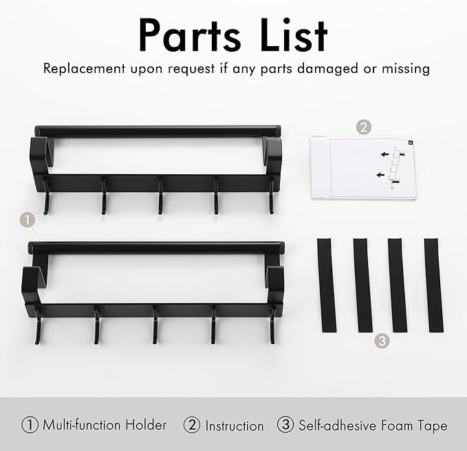 KES Over The Cabinet Door Towel Bar with Hooks, Kitchen Towel Holder with Hooks for Hanging Utensils, Over The Cabinet Door Organizer with Hook 2 Pack, Matte Black, Metal, KUR527-BK-P2
