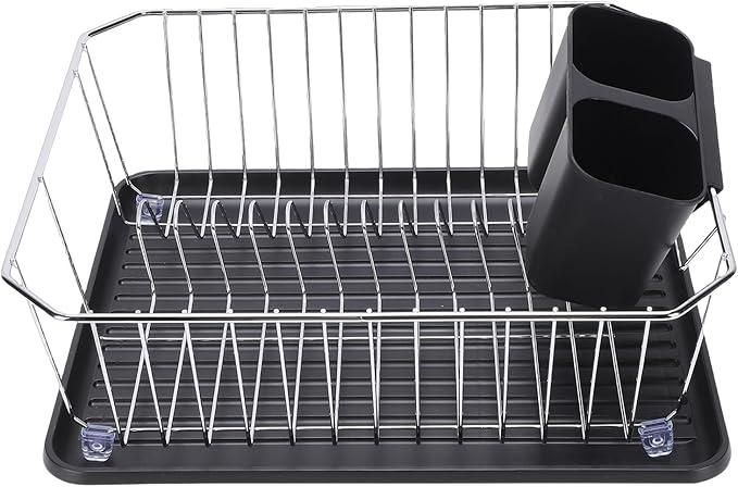 Asixxsix Dish Drying Rack, Stainless Steel Sink Organization and Storage with Utensil Holder and Drainboard, Iron Dish Drainer Rack for Kitchen Counter Sink Spoons and Forks (Silver)