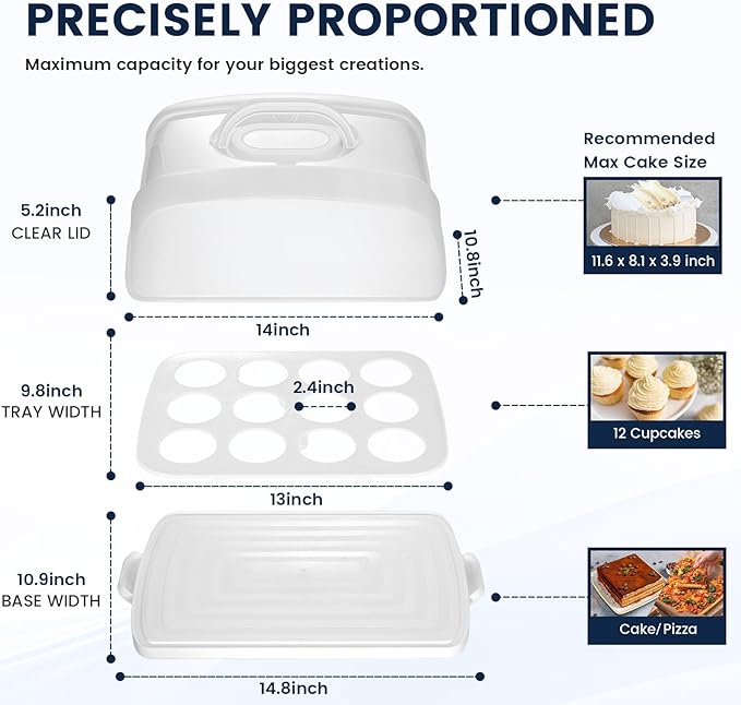 VGOODALL Cake Carrier, 12 Capacity Large Cupcake Holder, 3-in-1 Rectangular Cake Containers for Pies Muffin Candies Fruits Snacks, Dessert Storage Box for Parties, Picnics, Baking(14.8×10.9×3.1)