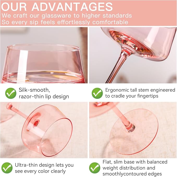 comfit Pink Coupe Glasses Set of 6-13 oz Large Capacity Martini Glassware - Versatile Tall Cocktail Glasses- Hand-Blown Colored Champagne Coupe Glass-Art Deco Cocktail Glasses Set-Wedding Gifts