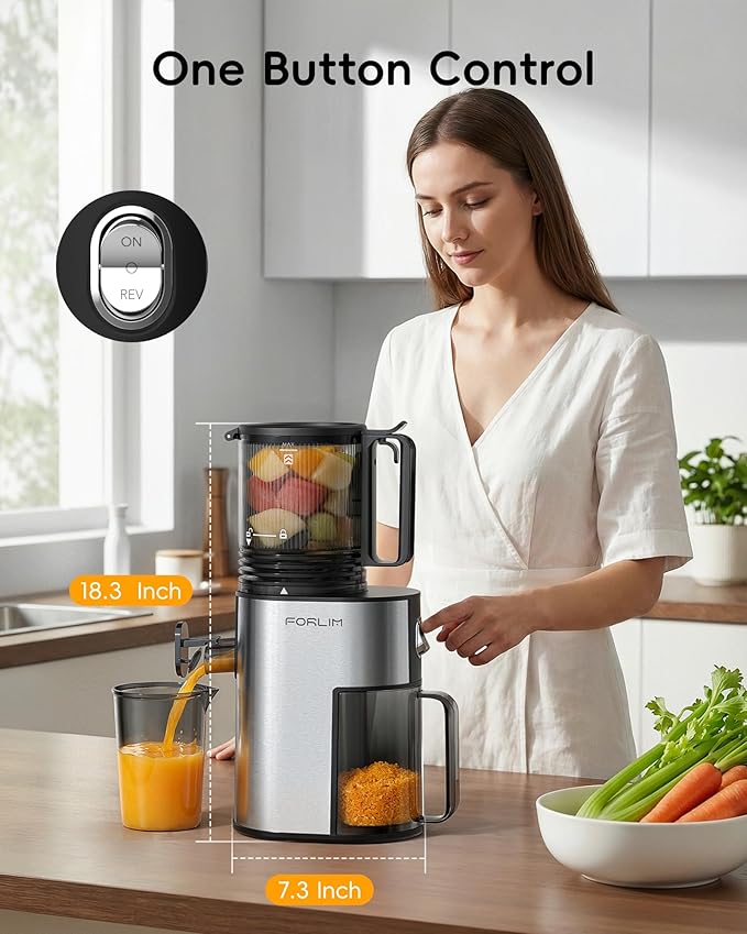 FORLIM Heavy Duty Cold Press Juicer, 250W Motor & 136mm Wide Feed Chute for Whole Produce, Simple Removable Parts for Quick Cleaning, High Nutrient Extraction for Wellness Shots, Silver Metallic