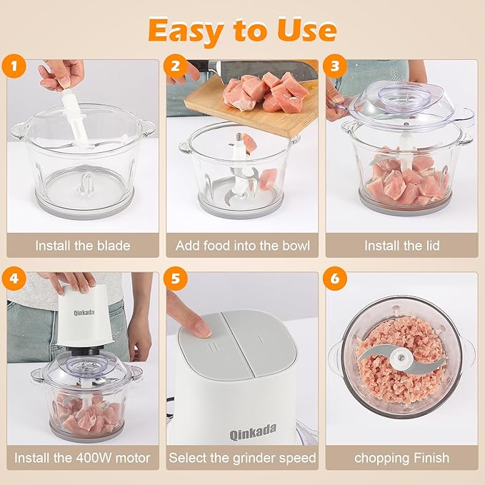 Qinkada Food Processors with 2 Bowls, 400W Meat Grinder, Food Chopper Electric, 2 Speed, 8Cup Glass and 8Cup 304 Stainless Steel, 2 Blades, Spatula (White)
