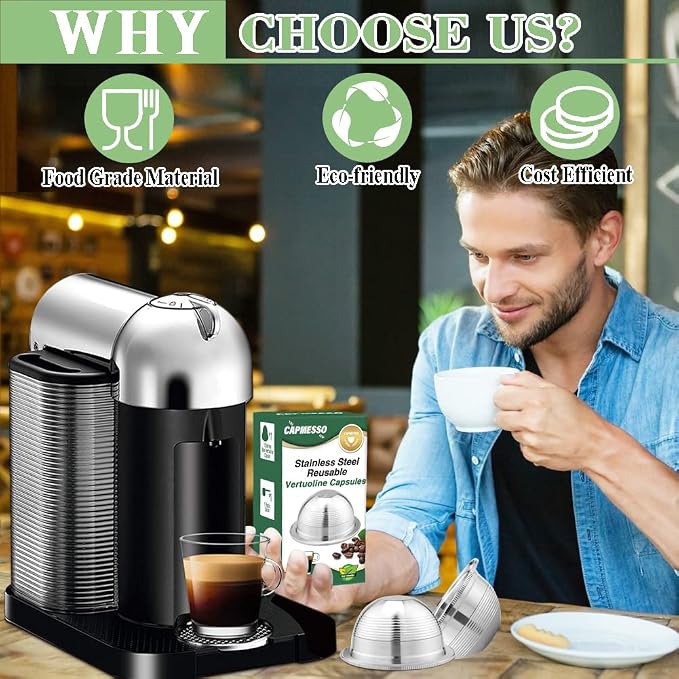 CAPMESSO Stainless Steel Reusable Coffee Capsule: Metal Refillable Coffee Pod Brewing Espresso - Compatible with Nespresso Vertuoline GCA1/ENV135/ENV150/BNV420 ((2.4OZ(Small Cup)+10 Silicone Rings)