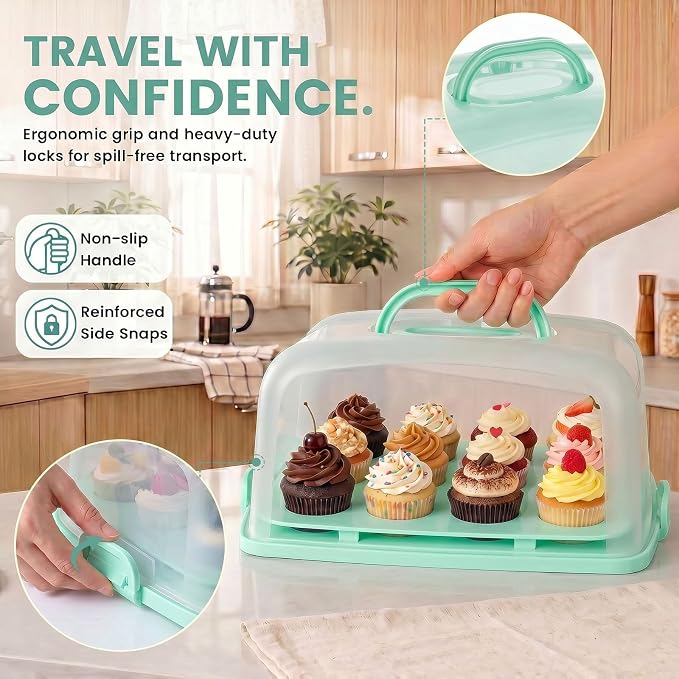 VGOODALL Cake Carrier with Lid and Handle, 12 Capacity Cupcake Holder for Muffin Pies Candies Fruits Snacks Desserts, Perfect for Sheet Cakes, Dishwasher Safe