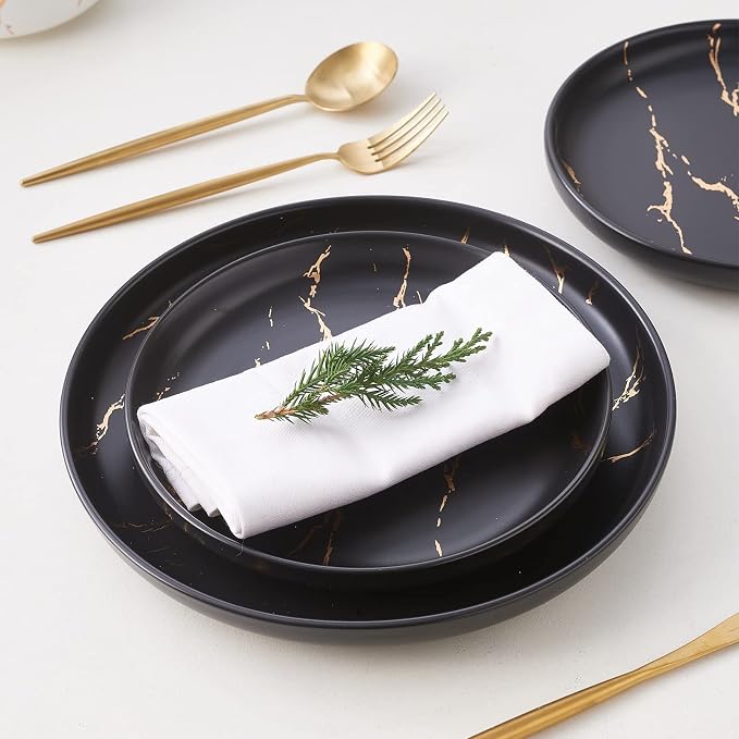 Pokini Black Gold Splash Dinnerware Sets, Marble Porcelain Plates and Bowls Sets, Modern Luxury Dish Set for 4, 12 Pieces Fine China Plates Set for Formal Dinners and Anniversaries